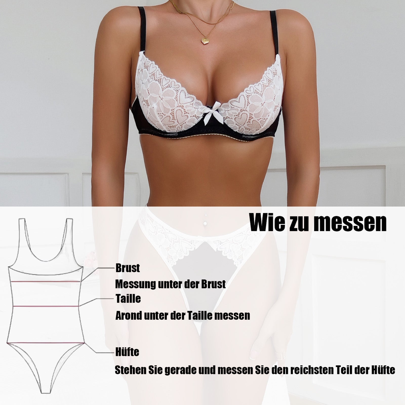 Elegantes Schwarz-Weiß-Set mit Spitze & Herzdetails