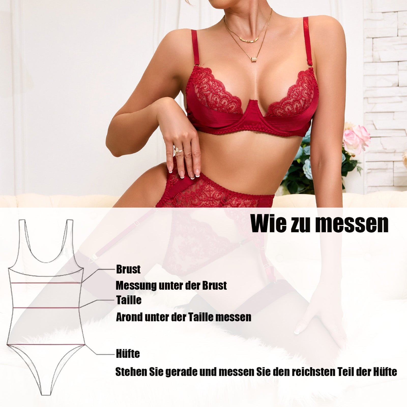 Verführerisches Bordeaux-Set mit Spitze & Strümpfen