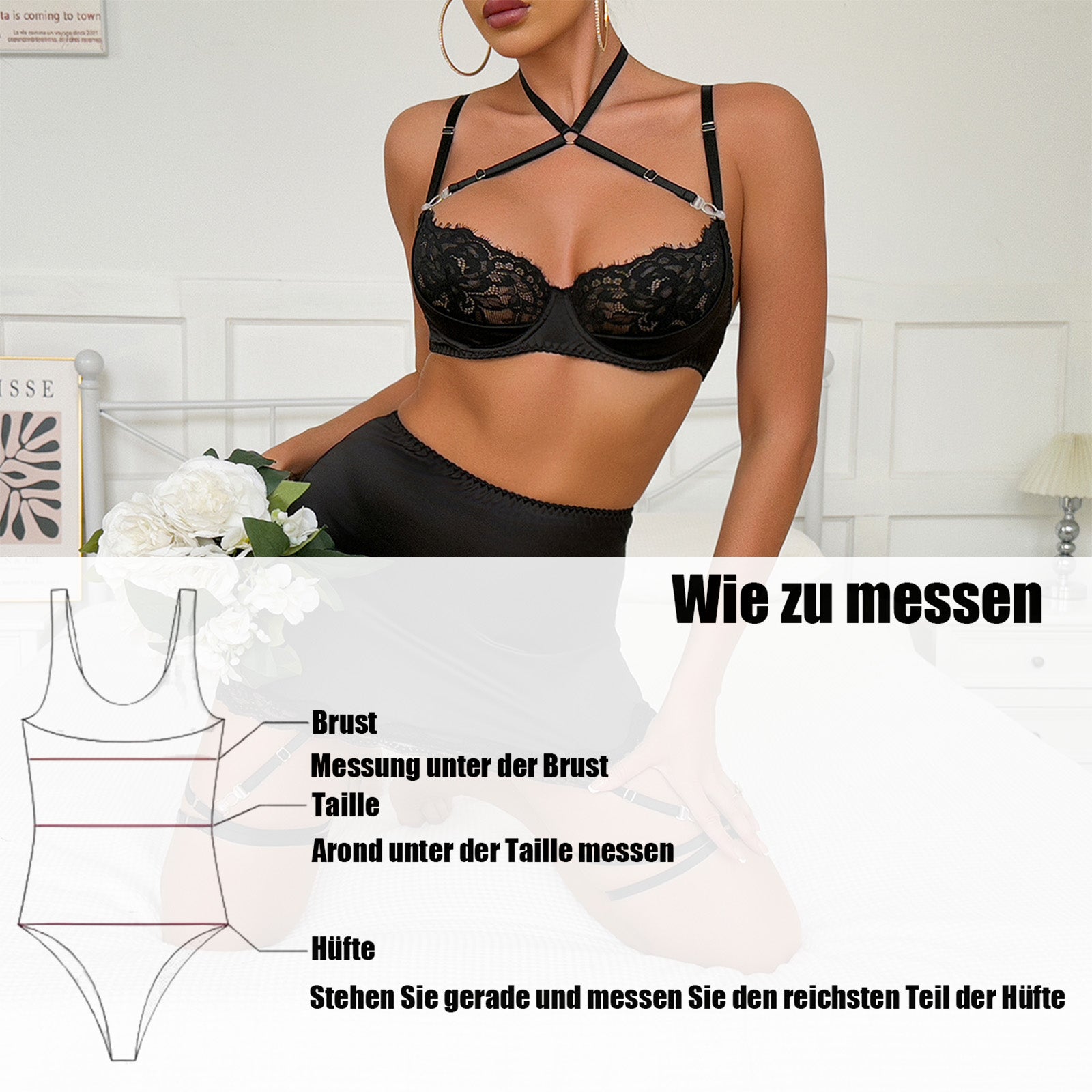 Verführerisches Schwarzes Spitzen-Set mit Kreuzträgern