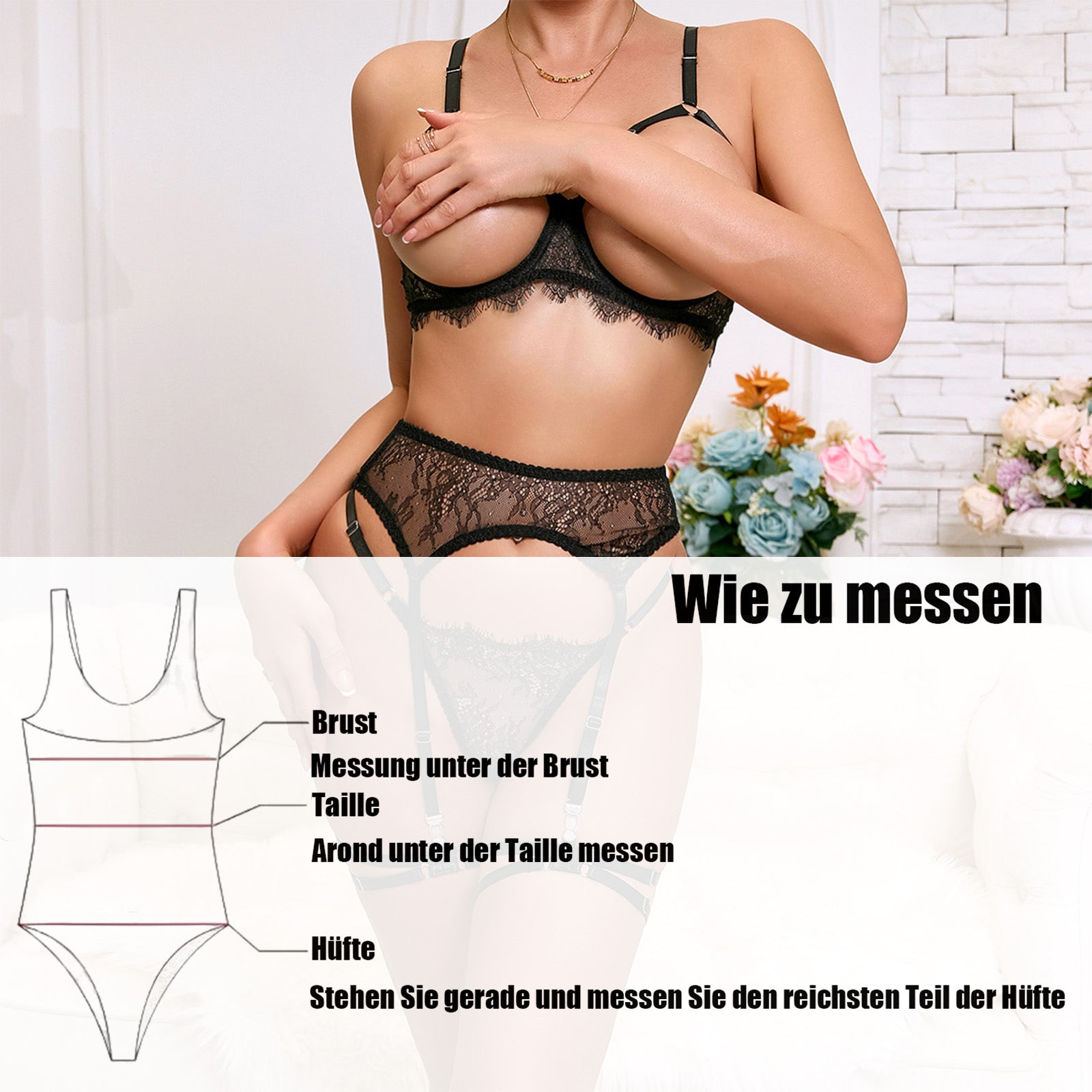 Verführerisches Spitzen-Set in Schwarz mit Strümpfen