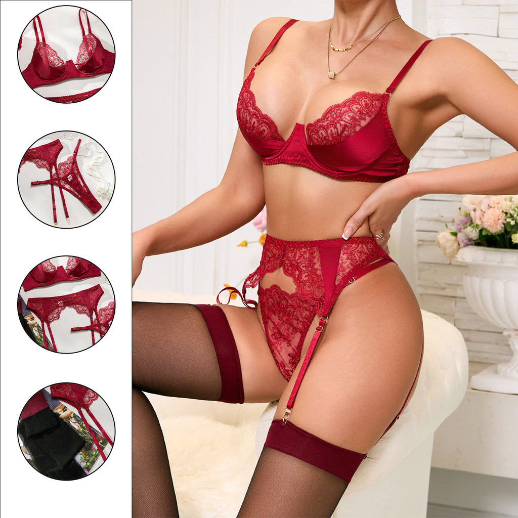 Verführerisches Bordeaux-Set mit Spitze &amp; Strümpfen