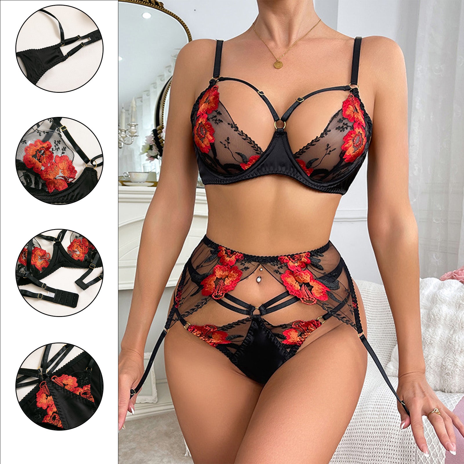 Verführerisches Schwarz mit floralen Stickereien & Strumpfhaltern