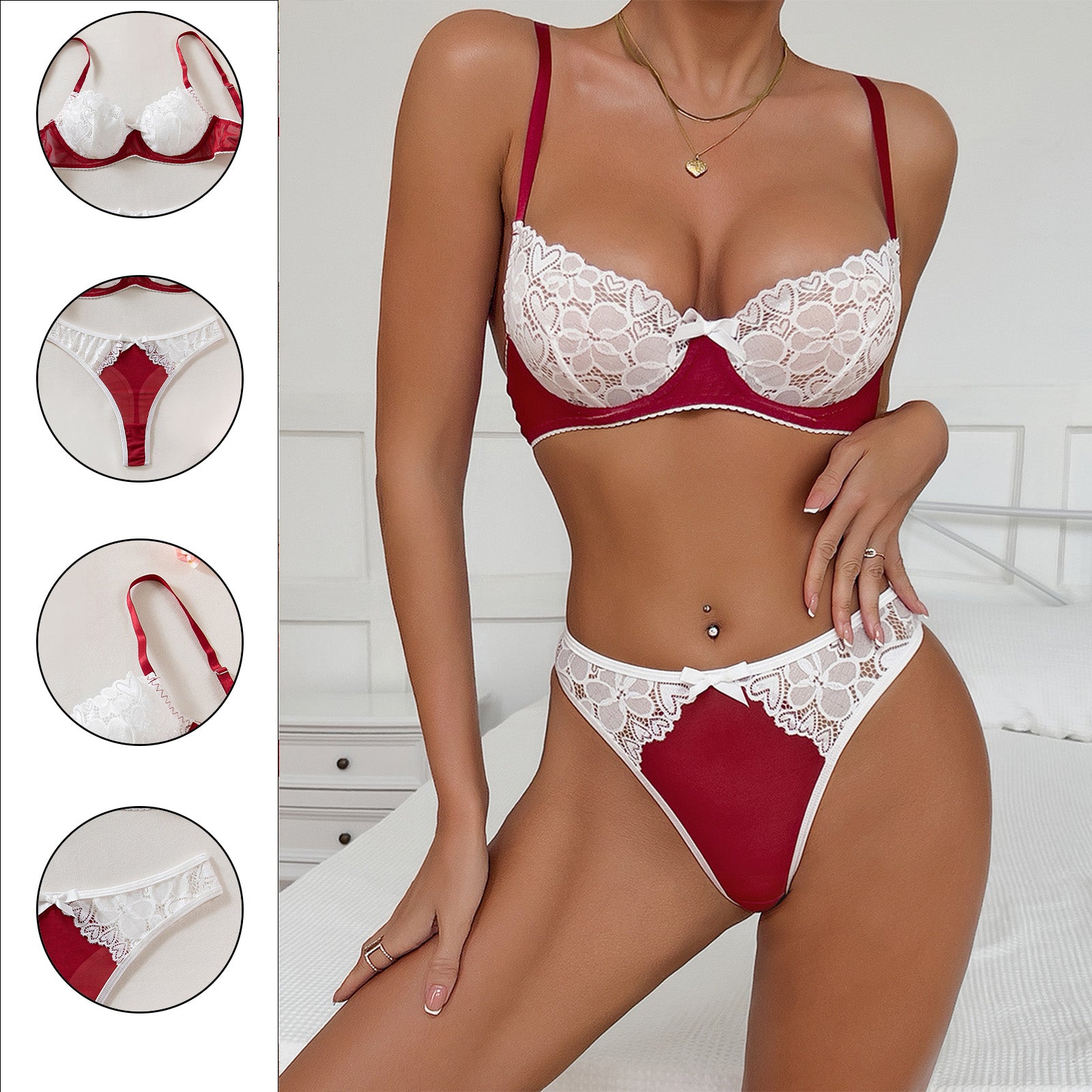 Romantisches Rot-Weiß-Set mit Blumen-Spitze